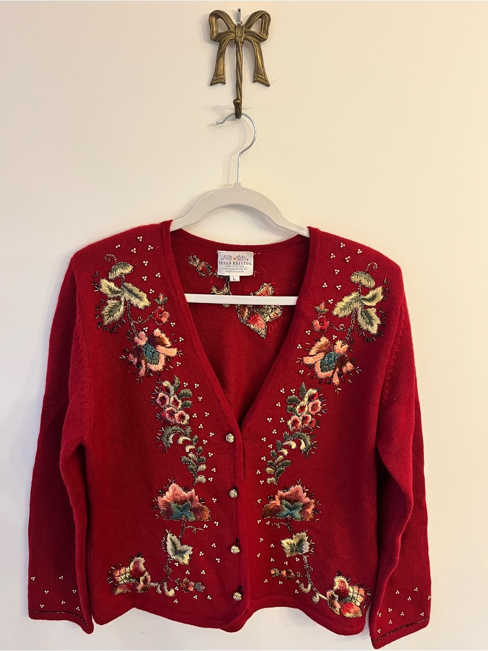 VTG Susan Bristol 100% Wool Cardigan L Floral Hand Embroidered Bead Grandmacore